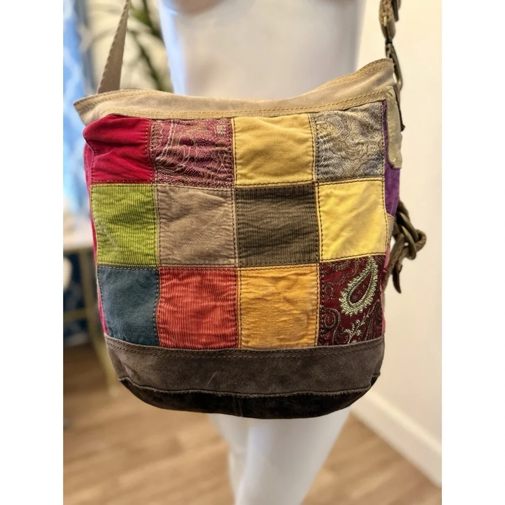 VTG Lucky Brand Corduroy Patchwork Boho Shoulder Bag large Crossbody Hobo Tote